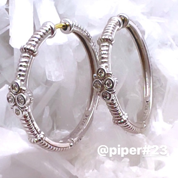 Judith Ripka JR TWO Sterling Silver 18K Gold Diamond Floral Hoop Earrings - Picture 7 of 10